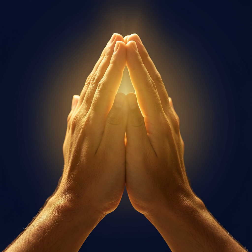 Hands in prayer with golden light